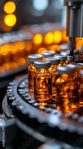 Automated Pharmaceutical Manufacturing: Close-up of Vaccine Vial Filling Process on a Production Line with Amber Liquid