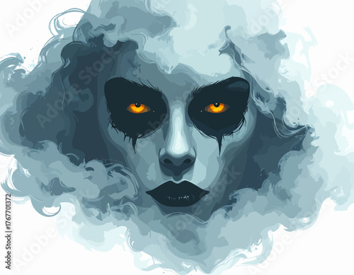 Digital illustration of a ghostly face with glowing orange eyes and dark makeup on a white background with smoke effects.