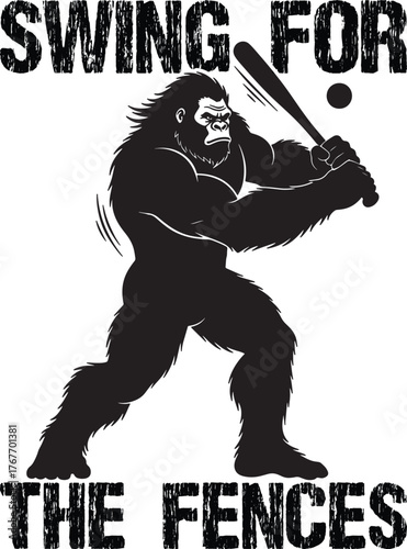 Bigfoot Swinging for the Fences with Baseball Bat and Motivational Quote T-Shirt Design.