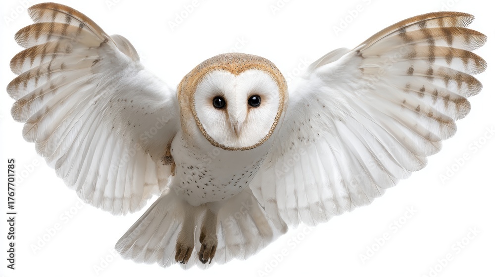 Naklejka premium Striking Snowy Owl in Mid flight with Detailed Feather Patterns and Intuitive Gaze