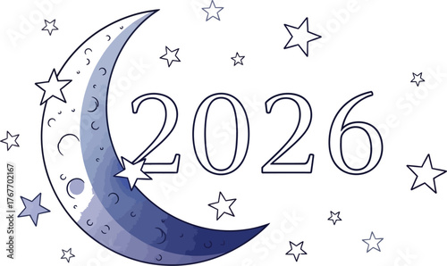 Whimsical 2026 illustration featuring a crescent moon and stars, creating a dreamy and celestial atmosphere, a charming design that captures magic of night sky