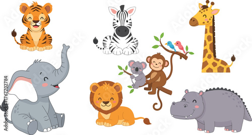 Cartoon animals tiger zebra giraffe elephant lion monkey koala hippo birds cute zoo