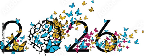 Year 2026 is depicted with butterflies in various colors, creating a vibrant and whimsical design numbers are adorned with fluttering insects