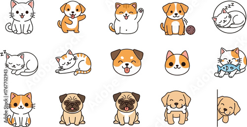 Cute cats dogs kittens puppies pets animals cartoon drawing vector kawaii art