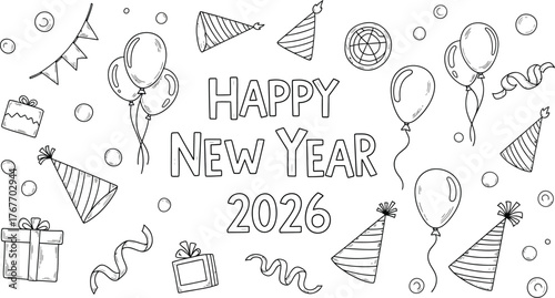  Happy new year 2026 with party elements, perfect for coloring pages, invitations, and festive designs for upcoming year