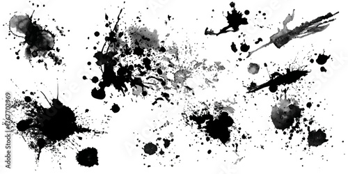 Collection of organic black ink splatters and splashes on a clean white background