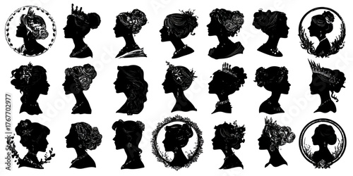 Behang Collection of diverse female silhouettes with intricate hairstyles and decorativ