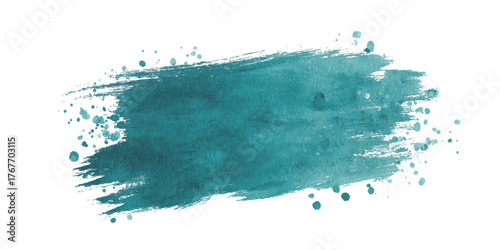 Abstract teal green brush stroke with splatter effect on white background