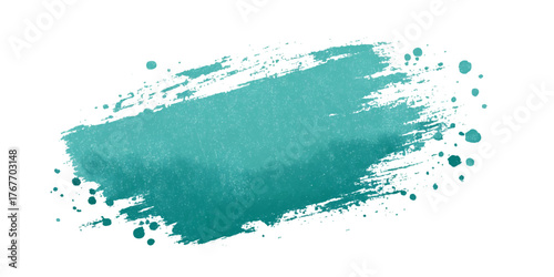 Abstract teal paint brush stroke with splatters and drips on a white background