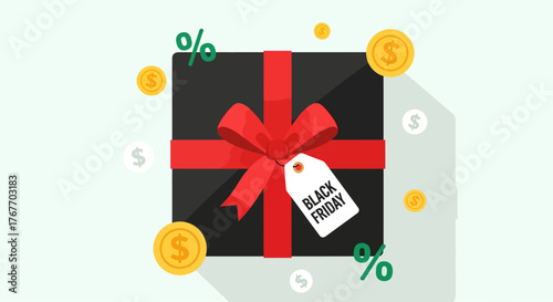 A charming flat design vector illustration features a gift box adorned with a 'Black Friday' tag, encircled by discount symbols, representing festive savings.
