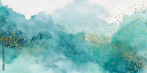 Abstract watercolor splash and wash with textured turquoise and gold accents