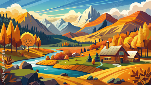 Very beautiful, landscape view of countryside Colorado during fall season, with rolling hills covered in golden aspen trees, rustic barns, and distant mountain ranges glowing under warm sunset light.