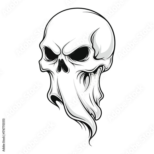 Eerie skull illustration with menacing eyes and flowing spectral form, isolated on white background, evoking themes of mortality, mystery, and the supernatural