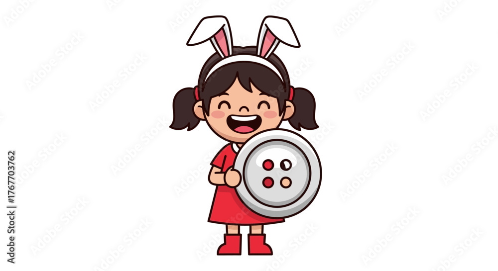 Obraz premium Cheerful cartoon girl with bunny ears holding a button, perfect for children's illustration