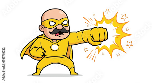 Cartoon bald superhero with a mustache striking a powerful blow radiates energy and strength