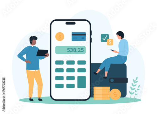 Credit card payment online, financial accounting and family budget management in mobile app. Tiny people calculate tax or mortgage cost, pay money for bill statement cartoon vector illustration
