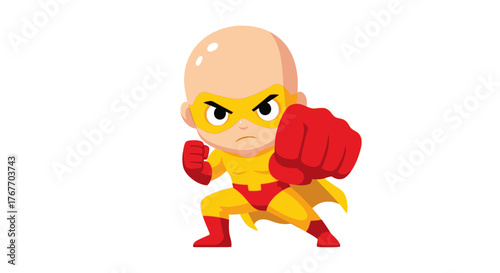 Bold cartoon superhero with determination punching pose against a stark white backdrop