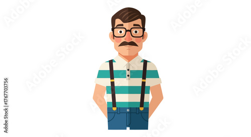 Illustration of a retro man with mustache and glasses wearing suspenders and striped shirt