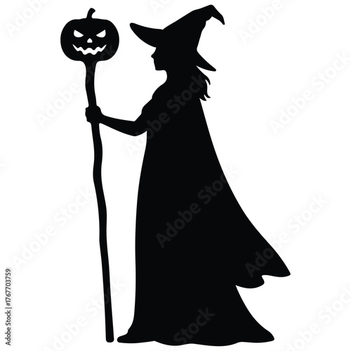 Mysterious Witch Silhouette with Pumpkin Staff for Halloween Spooky Celebration Black and White Illustration Perfect for Autumn Themed Designs