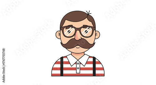 Illustrated character with a mustache wearing glasses and a striped shirt design