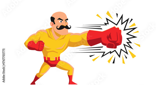 Cartoon superhero with mustache delivers a powerful punch against a white background