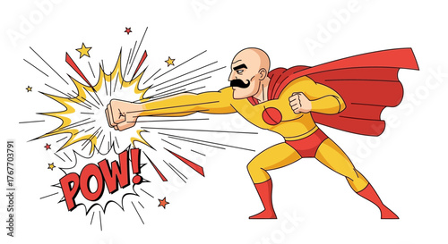 Cartoon illustration featuring a super hero launching a dynamic punch with comic book style