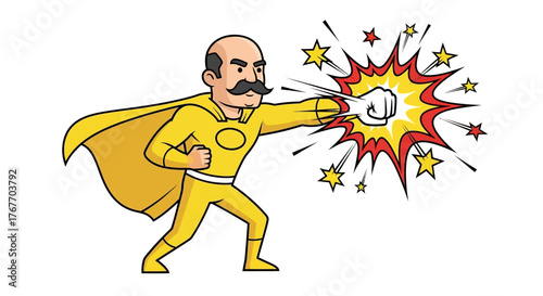 Cartoon superhero with mustache striking powerfully, displaying comic book action scene