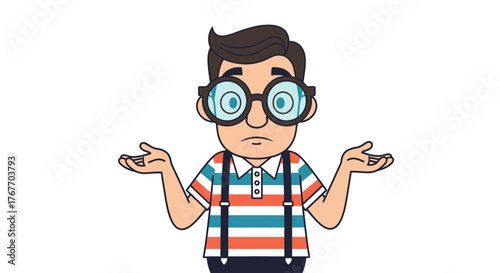 Cartoon illustration of a man wearing oversized glasses expressing confusion or uncertainty with