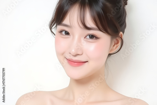 Female Asian Model with Short Hair - Young Beautiful Woman with Hair Bun - Studio Portrait of Asian Beauty for Fashion, Cosmetic, Skincare - Posing on White Background - Smooth Tied Hair