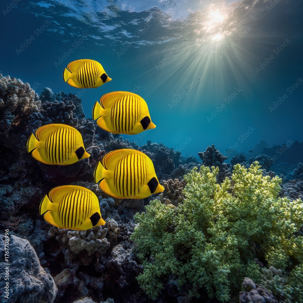 Fototapeta premium Colorful tropical fish swim near coral reef in clear blue water