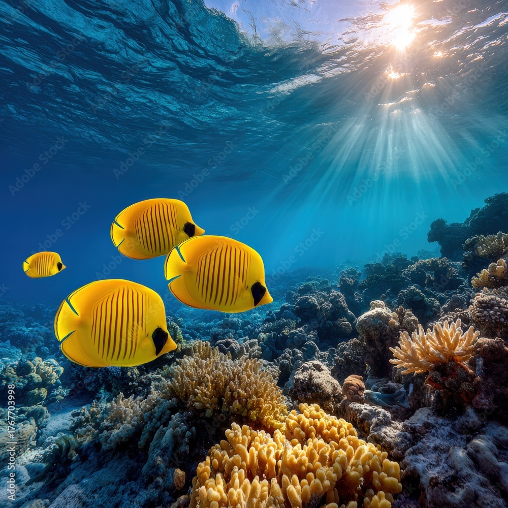 Naklejka premium Tropical fish swim through colorful coral reefs under bright sunlight