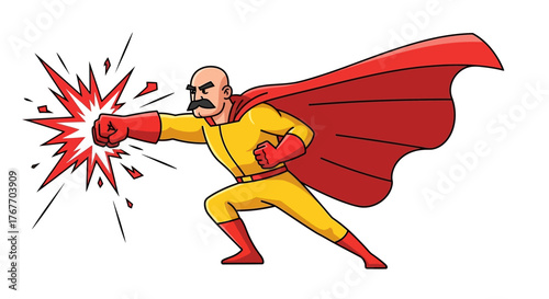 Dynamic cartoon superhero with powerful punch impacting with bursts and lines of energy illustration