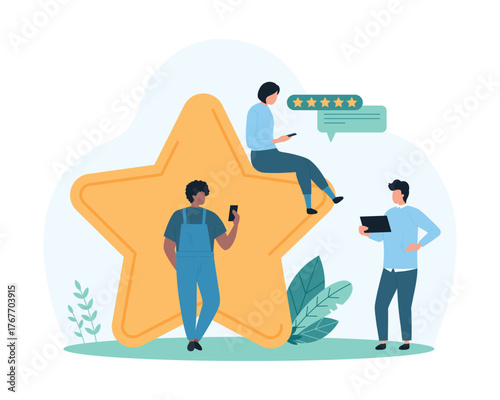 Satisfaction survey, customer review with positive result. Tiny people rate good quality of product or service with big gold star, clients vote in user poll service cartoon vector illustration