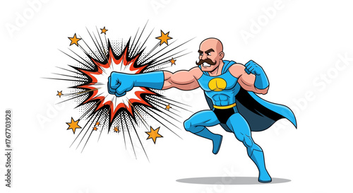 Cartoon superhero punching with energy explosion and dramatic comic book style