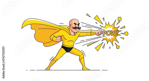 Dynamic bald superhero with mustache delivering a powerful punch in an action pose