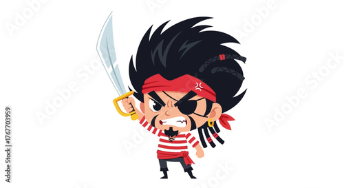 Cartoon illustration featuring a spirited pirate character with a menacing expression and sword