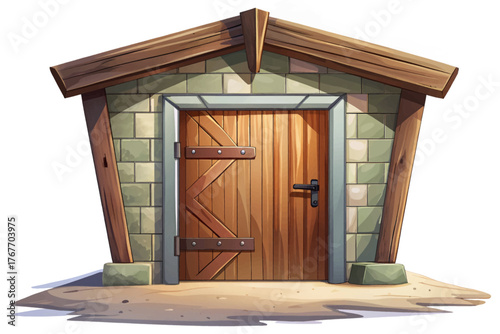 Minimal horse stable entrance with wooden door, shadow, and clean rustic texture isolated on pure white background for design composition and print use