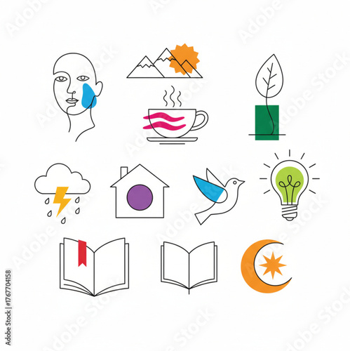 A modern and stylish collection of minimalist line-art icons featuring a fine, clean stroke and striking, unexpected bold accent colors