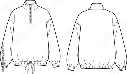 Black and white fashion sketch of pullover sweatshirt, front and back view, half-zip collar, ribbed cuffs, drawstring hem, garment construction, vector template