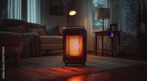A cozy living room scene featuring a warm electric heater with glowing elements. Soft lighting from a lamp and natural light through curtains create a comfortable atmosphere.