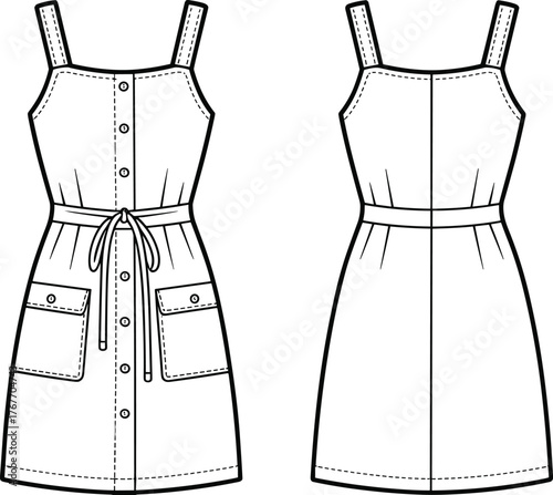Black and white fashion sketch of sleeveless dress, front and back view, square neckline, button-down closure, waist tie belt, flap pockets, vector template