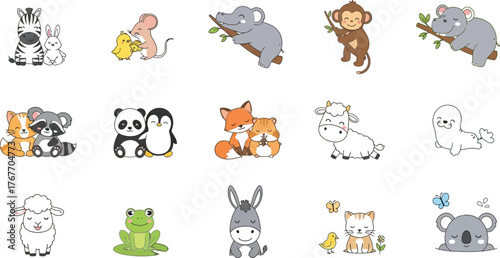 Animals cute cartoon illustration zebra rabbit mouse chick elephant monkey koala