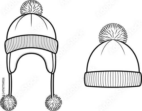Black and white fashion sketch of winter hats, trapper and beanie styles, pom-poms, ribbed band, ear flaps, garment construction, vector template