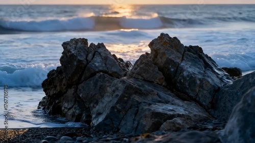 Jagged Dark Grey Rocks on a Pebble Beach With Gentle Waves and a Golden Sunset Reflection on the Water During Dusk