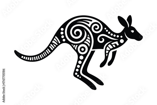Tribal style kangaroo silhouette with swirling patterns