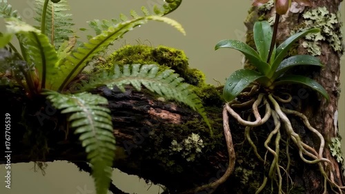 Lush Green Fern and Delicate Orchid Grow on Moss Covered Tree Branch in Misty Forest with Soft Natural Light
