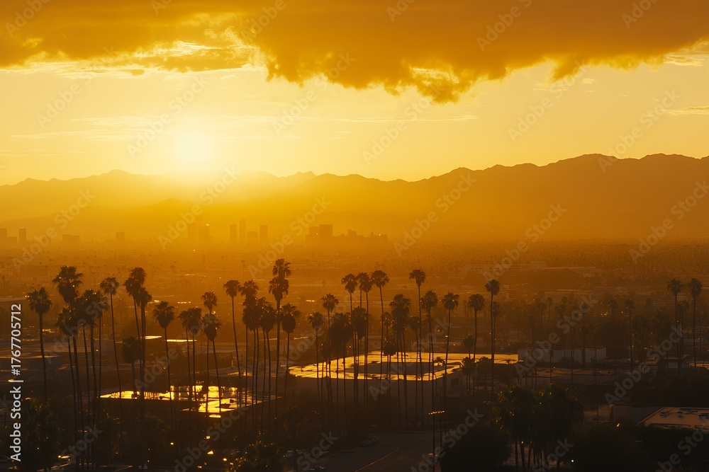 Fototapeta premium Golden sunset over a sprawling city skyline with silhouetted palm trees and distant mountains