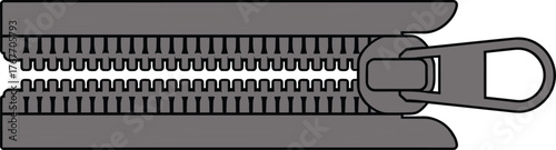 Black and white technical sketch of zipper, partially unzipped, slider mechanism, interlocking teeth, garment hardware, fashion construction, vector template