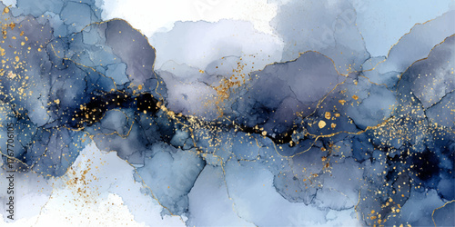 Abstract flowing watercolor and ink art with gold accents and ethereal light