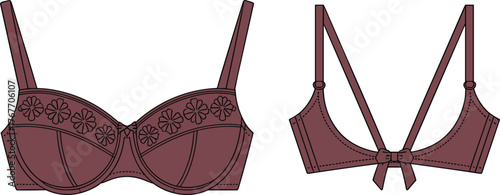 Bra design vector, lingerie fashion illustration, front and back view, floral embroidery detail, undergarment structure, adjustable straps, hook closure graphic